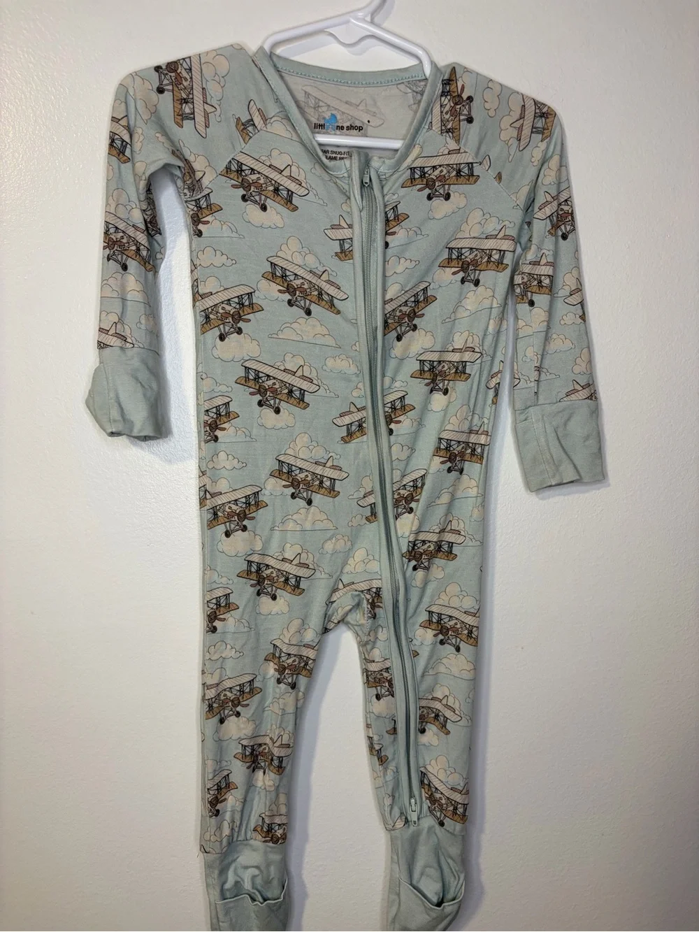 Airplane Print Footed One-Piece - Light Blue
